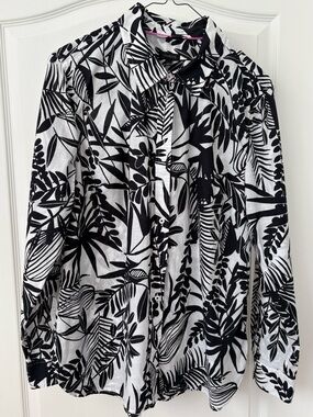 Talbots Black and White Printed Abstract Leaf Button-Down Cotton Shirt